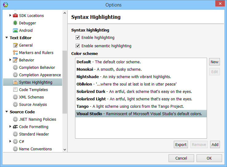 Visual Studio Colored Syntax Highlighting in Xamarin Studio