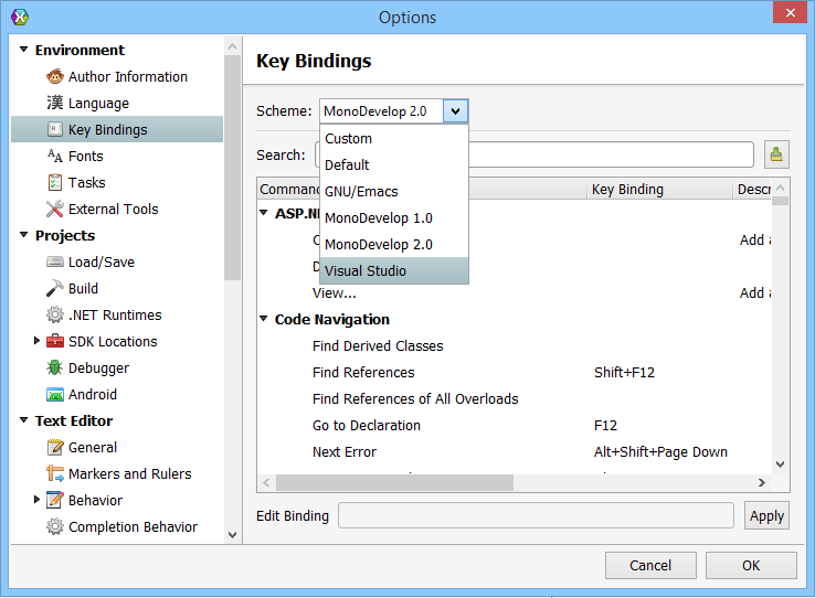 Visual Studio Key Bindings in Xamarin Studio